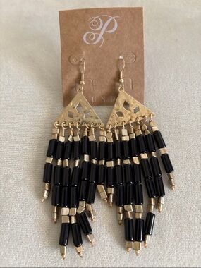 Plunder Gold and Black Beaded Fringe Earrings - Women Jewelry